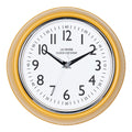 Head-on image of the 404-3024MY 9.5-inch Diner Clock – Mustard Yellow. The clock features a retro-style mustard yellow frame with a white dial, chrome bezel, black numbers and minute markings, black metal hands, and a silver second hand.