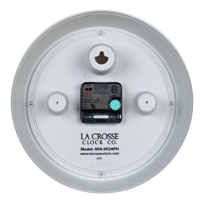 Back image of the 404-3024PH 9.5-inch Diner Clock – Pistachio Green, showing the battery compartment, the quartz movement, and the hanging hole.