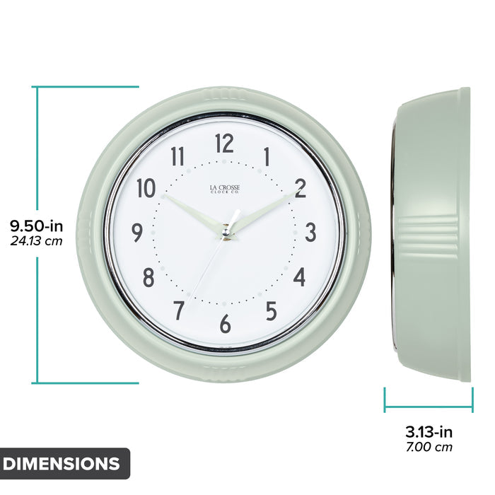 Dimension image in inches and centimeters of the 404-3024PH 9.5-inch Diner Clock – Pistachio featuring the retro-style frame in profile, measuring 3.13 inches deep. The 9.50-inch diameter clock has a white dial, chrome bezel, black numerals, pistachio minute markings and metal hands with a silver second hand.
