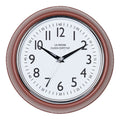 Head-on image of the 404-3024TC 9.5-inch Diner Clock – Terracotta. The clock features a retro-style terracotta frame with a white dial, chrome bezel, black numbers and minute markings, black metal hands, and a silver second hand.