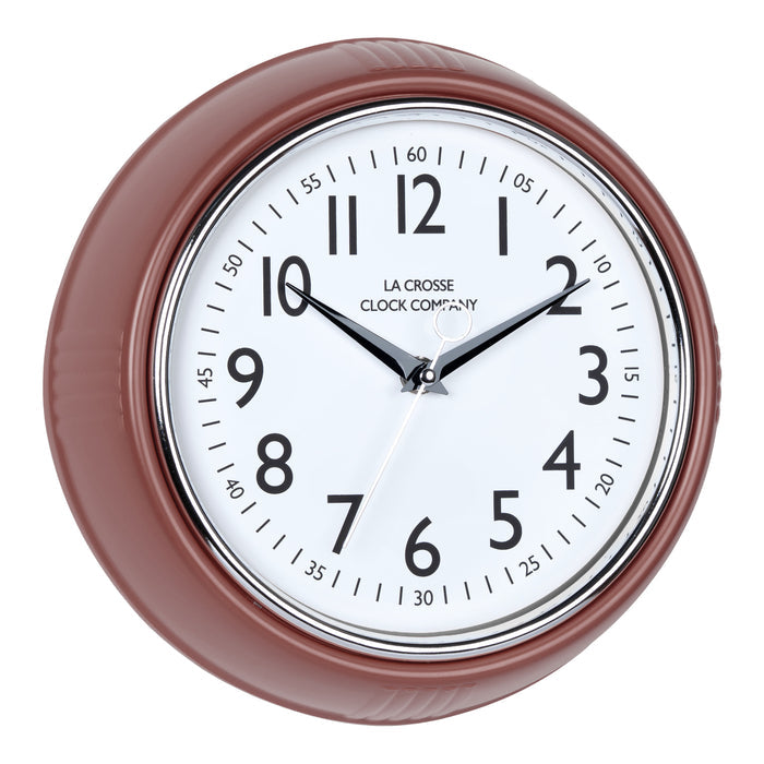 Right-facing image of the 404-3024TC 9.5-inch Diner Clock – Terracotta. The clock features a retro-style terracotta frame with a white dial, chrome bezel, black numbers and minute markings, black metal hands, and a silver second hand.