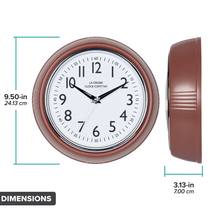Dimension image in inches and centimeters of the 404-3024TC 9.5-inch Diner Clock – Terracotta featuring the retro-style terracotta frame in profile, measuring 3.13 inches deep. The 9.50-inch diameter clock has a white dial, chrome bezel, black numerals and minute markings, black metal hands, and a silver second hand.