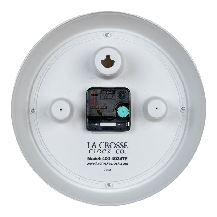 Back image of the 404-3024TP 9.5-inch Diner Clock – Taupe, showing the battery compartment, the silent sweep quartz movement, and the hanging hole.