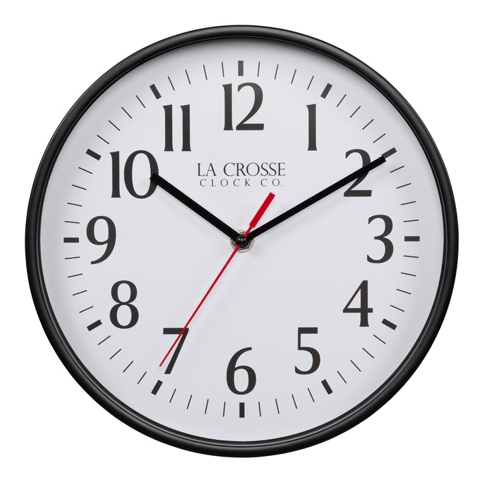 404-3025B 10-inch Basic Decor Wall Clock with a Black frame, white dial with black numbers, hour, and minute hands, and a red second hand