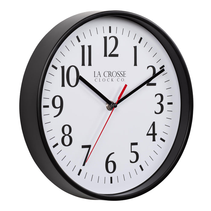 Right facing image of the 404-3025B 10-inch Basic Decor Wall Clock with a Black frame, white dial, black numbers, hour, and minute hands, with a red second hand