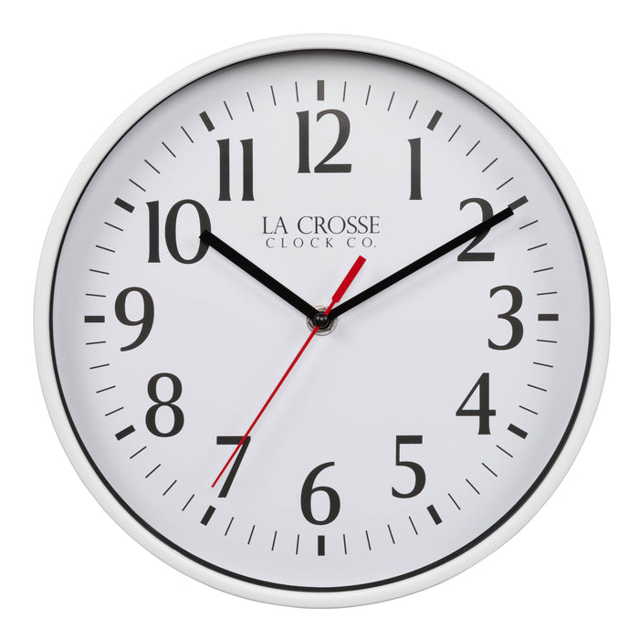 404-3025W 10-inch Basic Decor Wall Clock with a White frame, white dial with black numbers, hour, and minute hands, and a red second hand