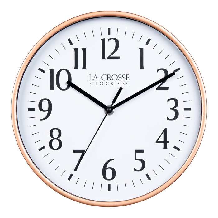 404-3025C 10-inch Basic Decor Wall Clock with Copper metallic design frame white dial with black numbers and hour, minute and second hands