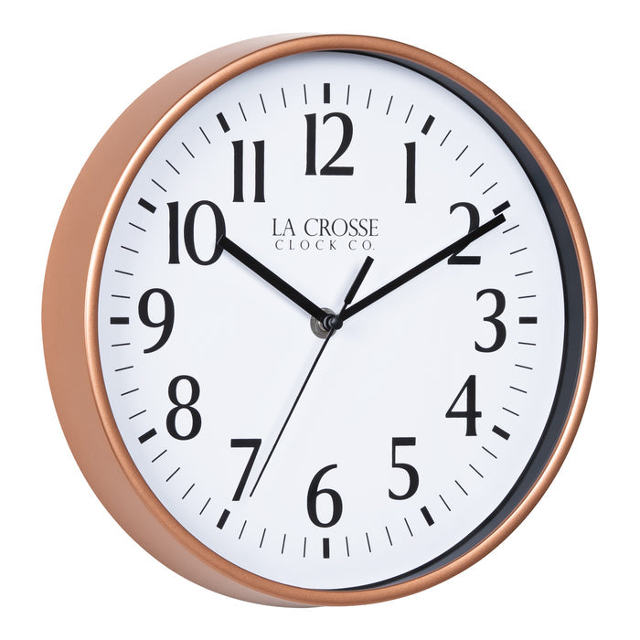 Right facing image of the 404-3025C 10-inch Basic Decor Wall Clock with a Copper frame, white dial, black numbers, hour, minute, and second hands