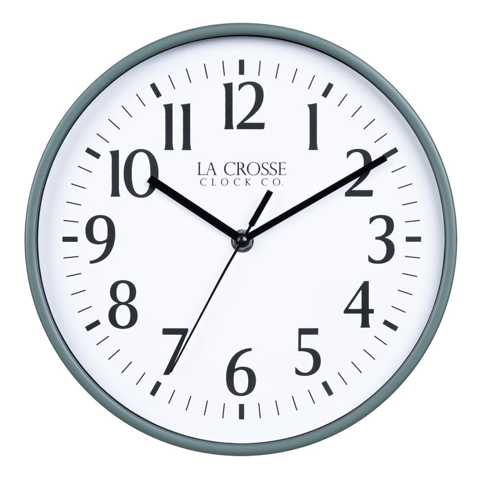 404-3025G 10-inch Basic Decor Wall Clock with Sage Green frame, white dial with black numbers and hour, minute, and second hands