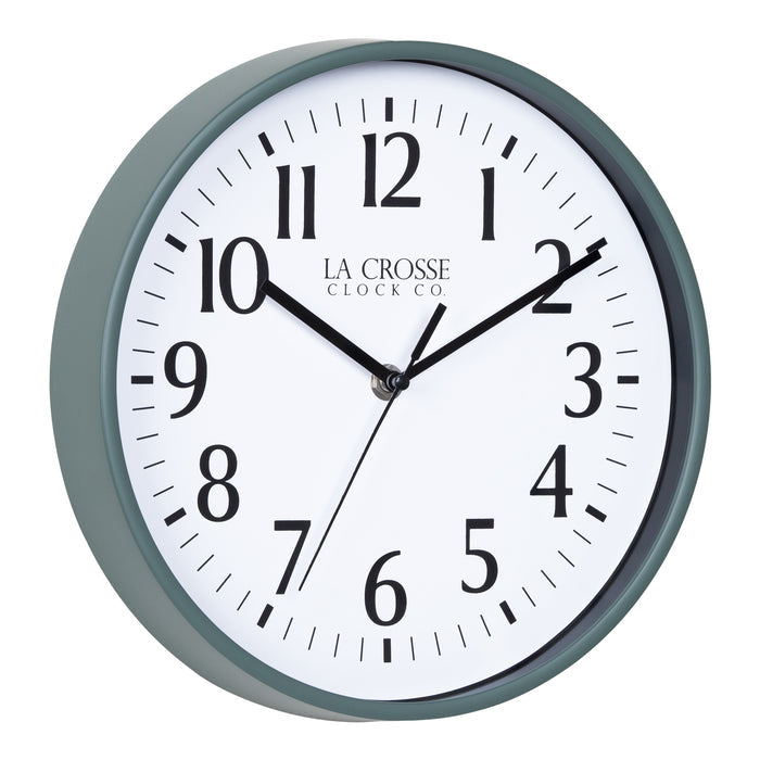 Right facing image of the 404-3025G 10-inch Basic Decor Wall Clock with a Sage Green frame, white dial, black numbers, hour, minute, and second hands