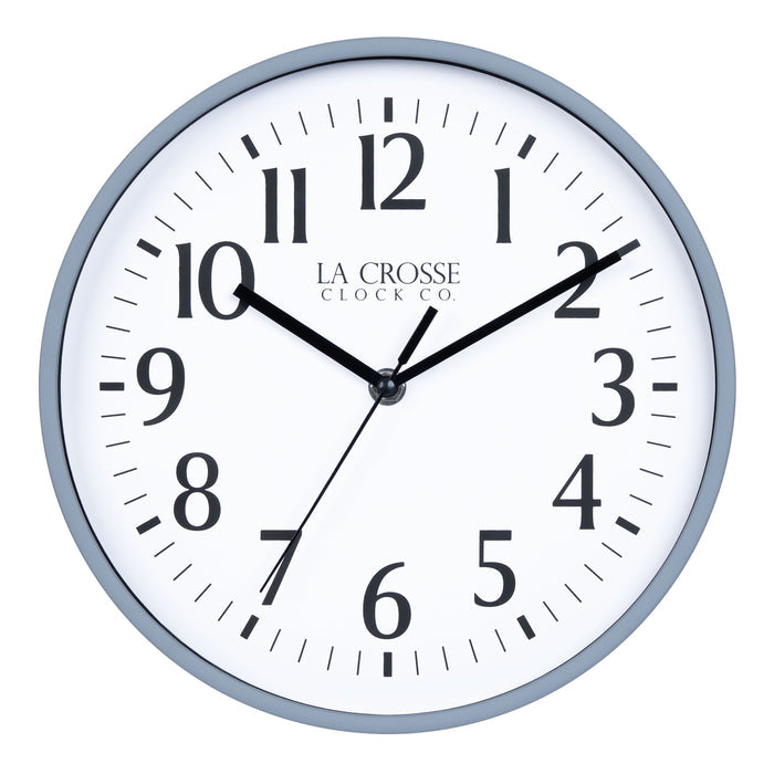 404-3025GB 10-inch Basic Decor Wall Clock with Gray Blue frame, white dial with black numbers and hour, minute, and second hands