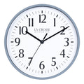 404-3025GB 10-inch Basic Decor Wall Clock with Gray Blue frame, white dial with black numbers and hour, minute, and second hands