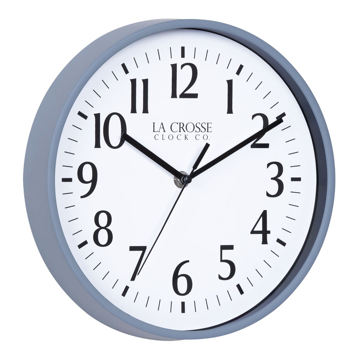 Right facing image of the 404-3025GB 10-inch Basic Wall Clock - Gray Blue featuring a gray blue frame, with a white dial, black numbers, hour, minute, and second hands.