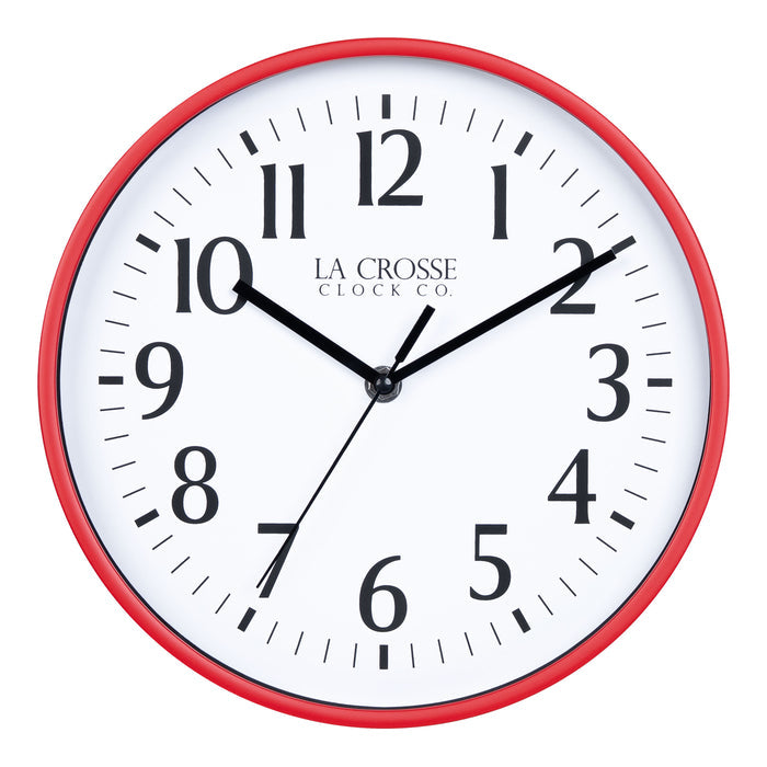 404-3025R 10-inch Basic Decor Wall Clock with Red frame, white dial with black numbers and hour, minute, and second hands