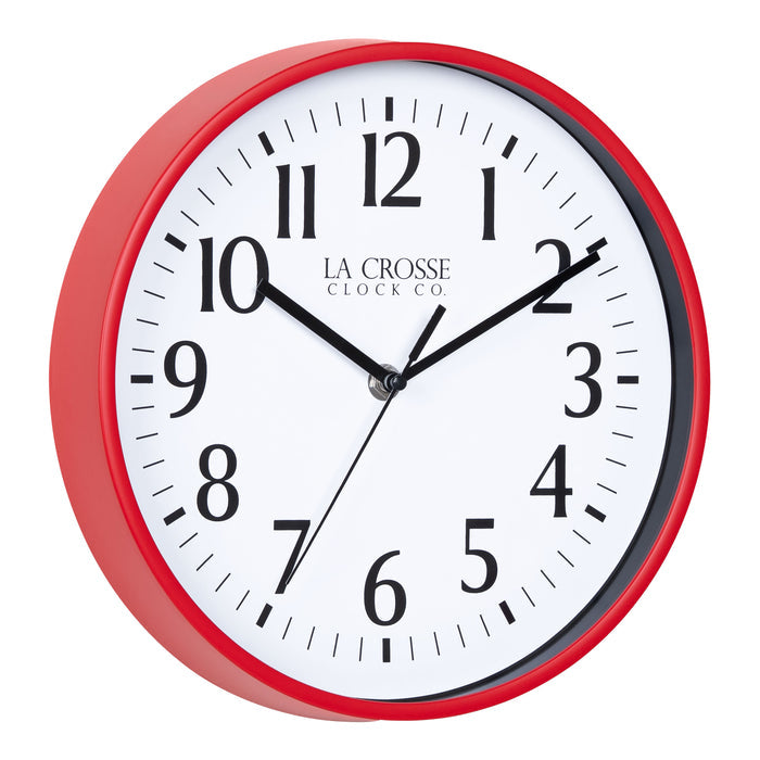 Right facing image of the 404-3025R 10-inch Basic Wall Clock - Red featuring a red frame, with a white dial, black numbers, hour, minute, and second hands.
