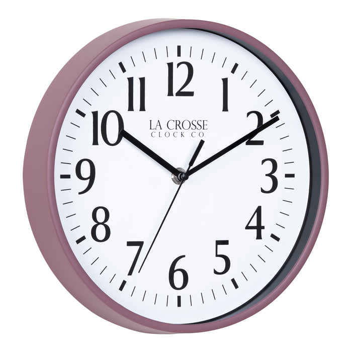 Right facing image of the 404-3025RR 10-inch Basic Decor Wall Clock with a Ruby Red Rose frame, white dial, black numbers, hour, minute, and second hands