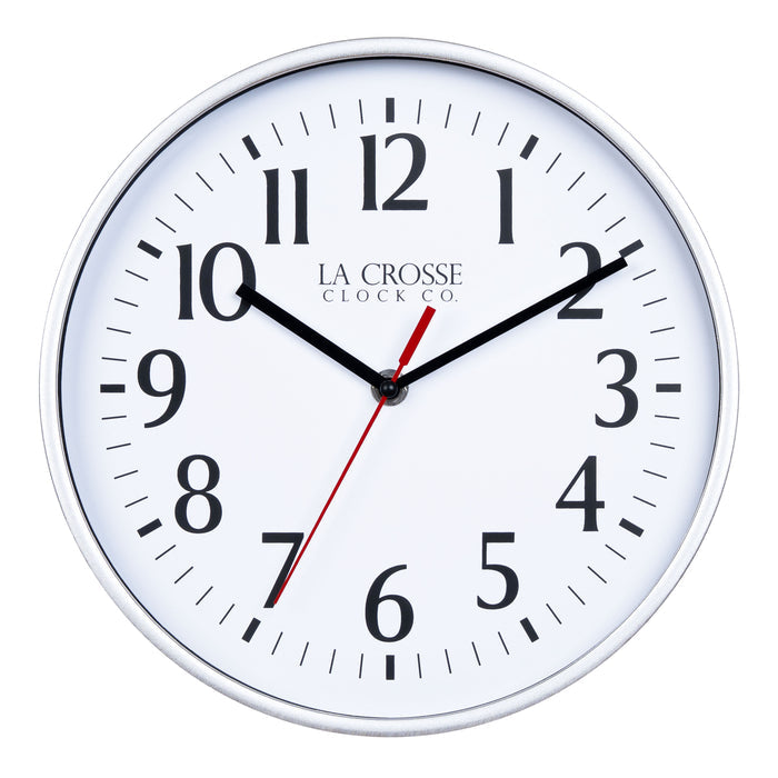 404-3025S 10-inch Basic Decor Wall Clock with a Silver metallic finish frame, white dial with black numbers, hour, and minute hands, and a red second hand