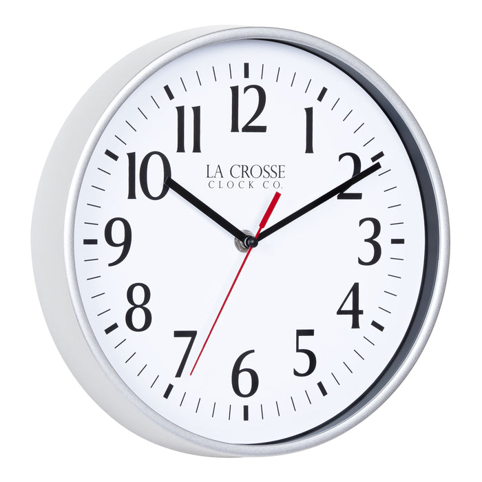 Right facing image of the 404-3025S 10-inch Basic Decor Wall Clock with a Silver frame, white dial, black numbers, hour, and minute hands, with a red second hand