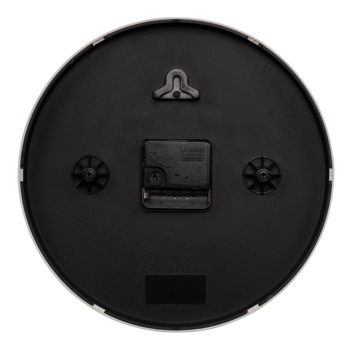 Back image of the 404-3025W 10-inch Basic Decor Wall Clock showing the hanging hole for mounting, easy set time wheel, the Quartz movement with battery compartment