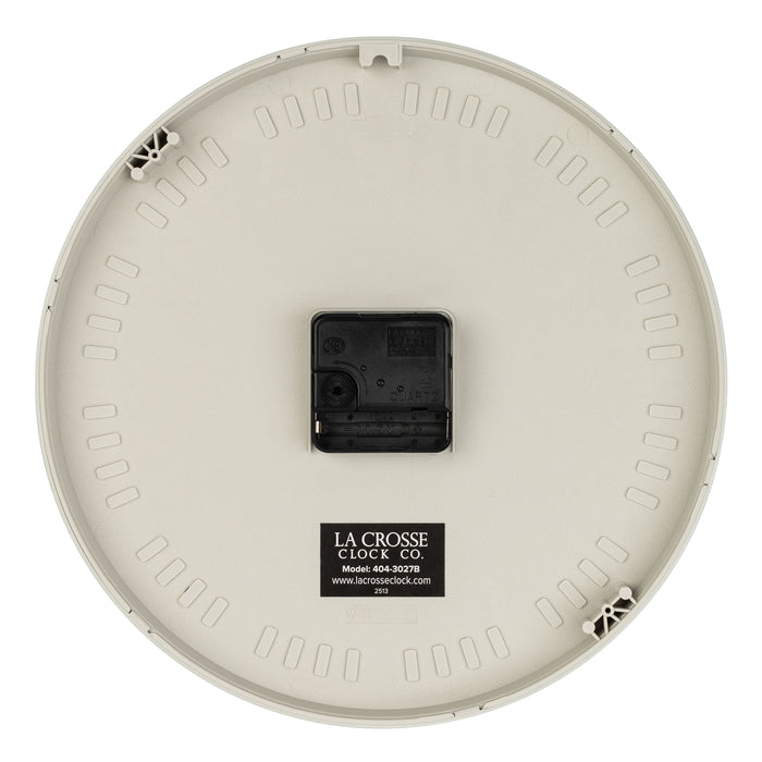 Back view showng the step movement and battery compartment of the Tovi 404-3027B wall clock