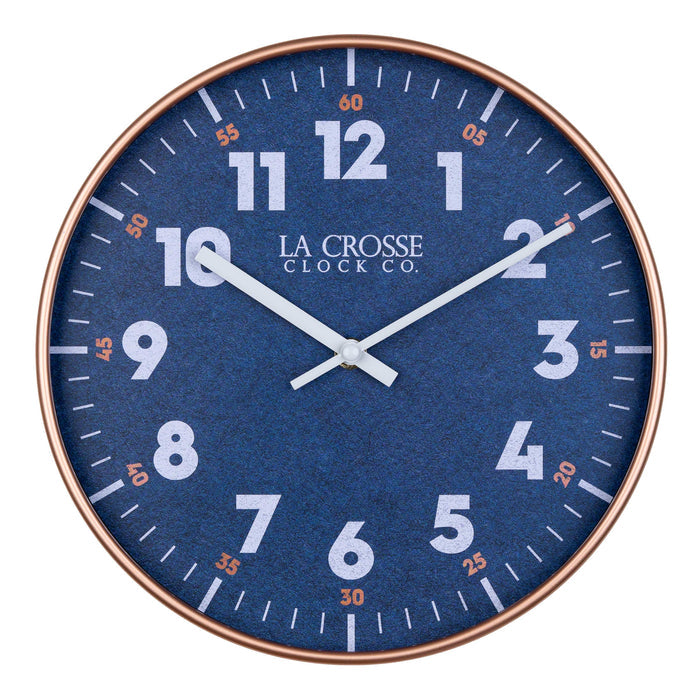 head on image of the 404-3027c Portside eleven inch navy blue wall clock with white numbers, orange time markings and a copper case and white hour and minute hands