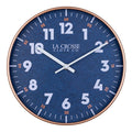 head on image of the 404-3027c Portside eleven inch navy blue wall clock with white numbers, orange time markings and a copper case and white hour and minute hands