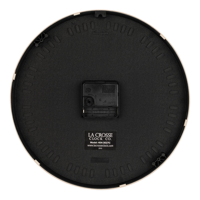 Back image of the 404-3027C Portside eleven inch wall clock showing the battery compartment and a La Crosse Clock quartz movement