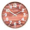 Head-on image of the 10.8-inch Atwood Wall Clock featuring a copper finish frame, a wood design dial, white numbers, and white metal hour and minute hands.