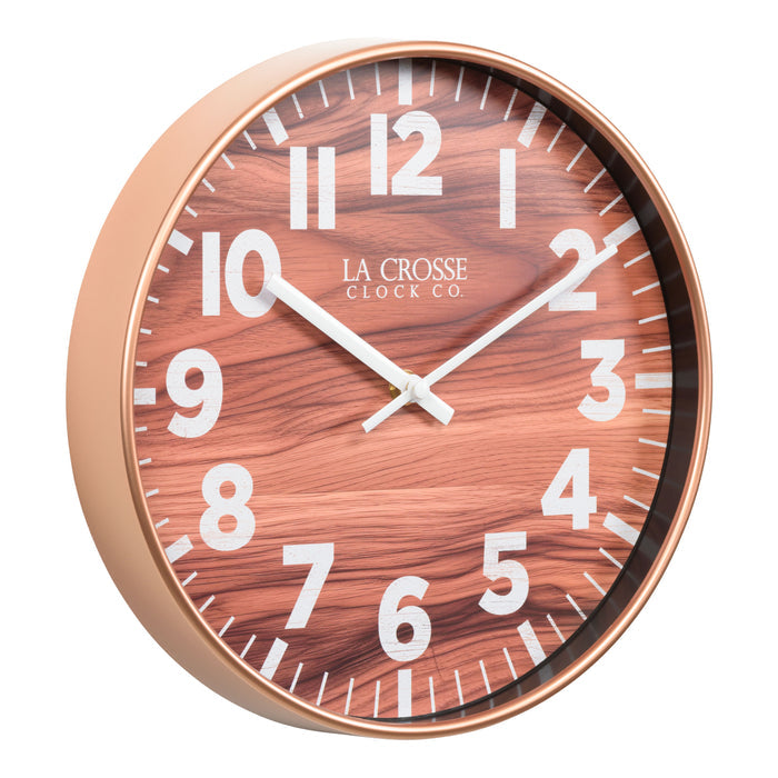 Right-facing image of the 10.8-inch Atwood Wall Clock featuring a copper finish frame, a wood design dial, white numbers, and white metal hour and minute hands.