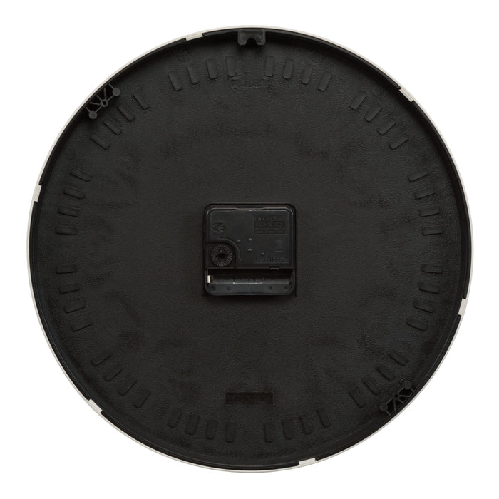 Back image of the 10.8-inch Atwood wall clock showing the battery compartment, quartz movement, and the hanging hole.