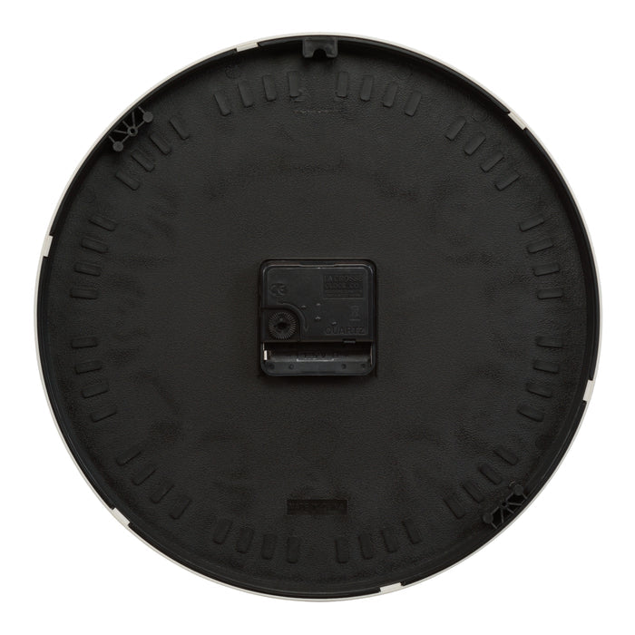 Back image of the 404-3028A Brushstroke 11 inch wall clock showing the battery compartment and quartz movement