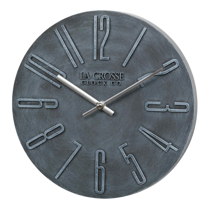Left facing 404-3028B Cormac 11 inch open face molded dark gray wall clock with numbers in relief and silver metal hour and minute hands