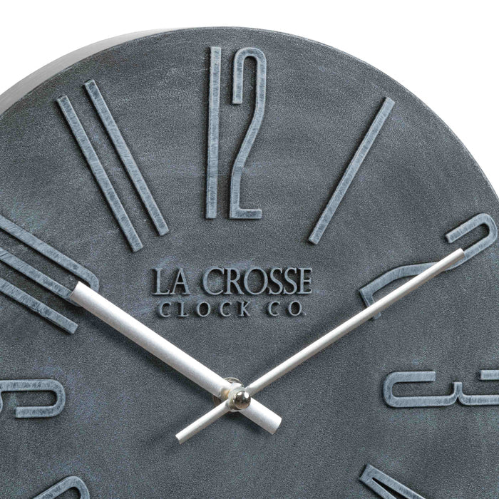 Hands close up of the 404-3028B Cormac 11 inch open face molded dark gray wall clock with numbers in relief and silver metal hour and minute hands