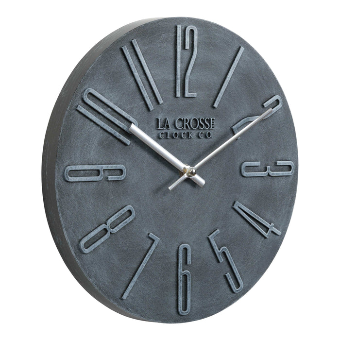 Right facing 404-3028B Cormac 11 inch open face molded dark gray wall clock with numbers in relief and silver metal hour and minute hands