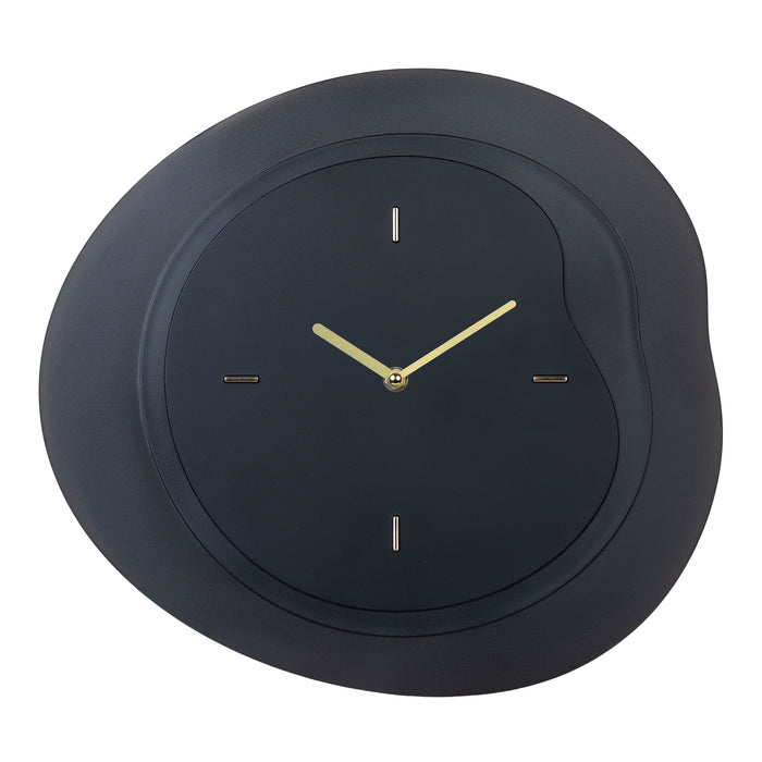 Head-on image of the 404-3039B 15.2-inch Drift Wall Clock – Black. The clock features an open face multi-layered design with drifting contours, metal hands, and raised number markings in a brass finish.