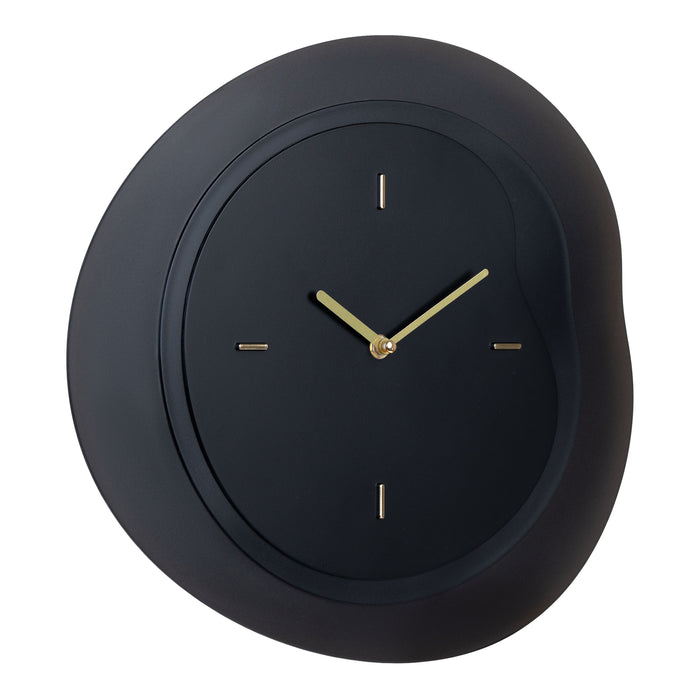 Right-facing image of the 404-3039B 15.2-inch Drift Wall Clock – Black. The clock features an open face multi-layered design with drifting contours, metal hands, and raised number markings in a brass finish.