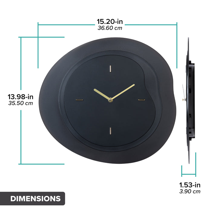 Dimension image in inches and centimeters of the 404-3039B 15.2-inch Drift Wall Clock – Black, featuring the multi-layer drifting contours of the clock measuring 13.98 in tall and 15.20 in wide at their largest points. The second image is in profile and shows the clock's depth to be 1.53 inches.