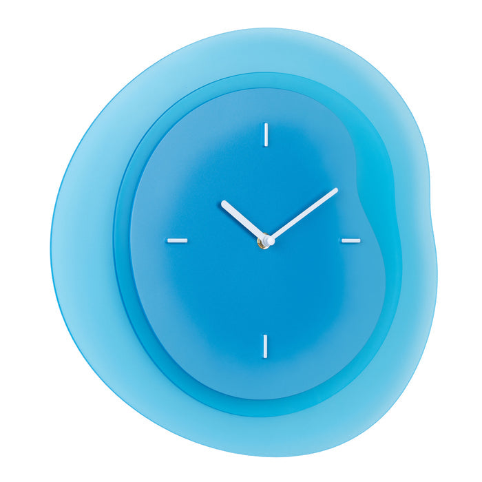 Right-facing image of the 404-3039BL 15.2-inch Drift Wall Clock – Blue. The clock features an open face multi-layered design with drifting contours, metal hands, and raised number markings in white.