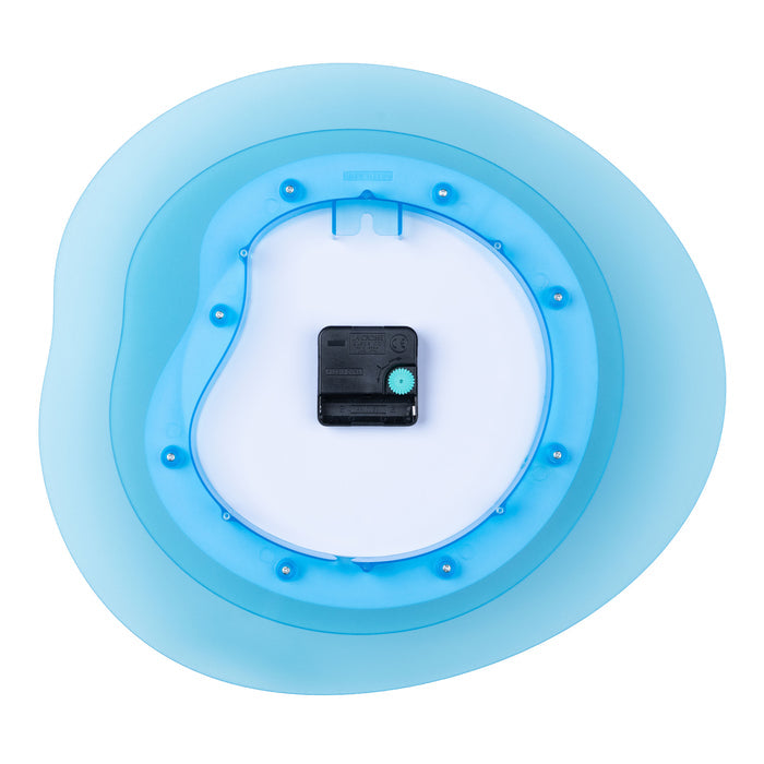 Back image of the 404-3039BL 15.2-inch Drift Wall Clock – Blue, showing the battery compartment, the quartz movement, and the hanging hole, highlighting the construction of the multi-layer design.