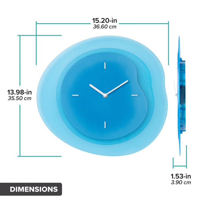 Dimension image in inches and centimeters of the 404-3039BL 15.2-inch Drift Wall Clock – Blue, featuring the multi-layer drifting contours of the clock measuring 13.98 in tall and 15.20 in wide at their largest points. The second image is in profile and shows the clock's depth to be 1.53 inches.
