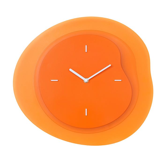 Head-on image of the 404-3039O 15.2-inch Drift Wall Clock – Orange. The clock features an open face multi-layered design with drifting contours, metal hands, and raised number markings in white.