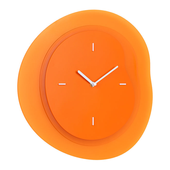 Right-facing image of the 404-3039O 15.2-inch Drift Wall Clock – Orange. The clock features an open face multi-layered design with drifting contours, metal hands, and raised number markings in white.