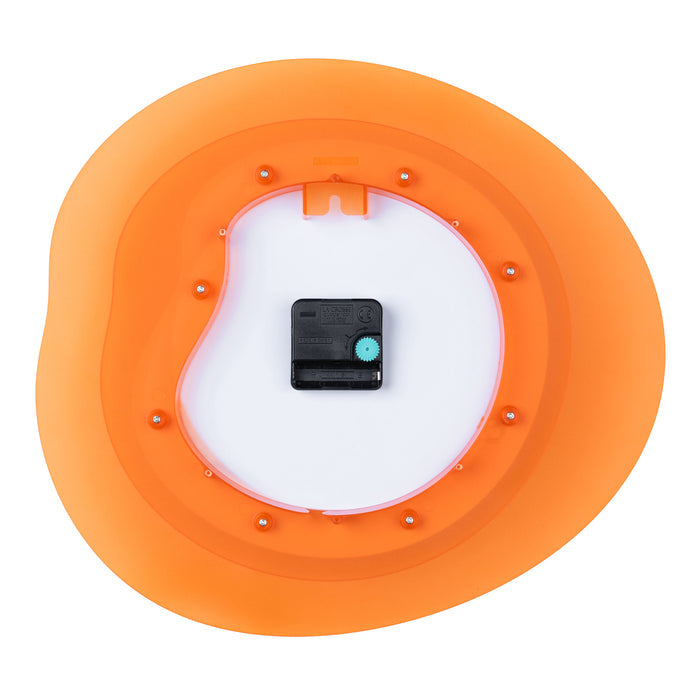 Back image of the 404-3039O 15.2-inch Drift Wall Clock – Orange, showing the battery compartment, the quartz movement, and the hanging hole, highlighting the construction of the multi-layer design.