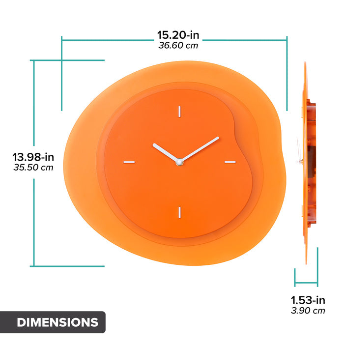 Dimension image in inches and centimeters of the 404-3039O 15.2-inch Drift Wall Clock – Orange, featuring the multi-layer drifting contours of the clock measuring 13.98 in tall and 15.20 in wide at their largest points. The second image is in profile and shows the clock's depth to be 1.53 inches.