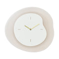 Head-on image of the 404-3039T 15.2-inch Drift Wall Clock – Tan. The clock features an open face multi-layered design with drifting contours, metal hands, and raised number markings in a brass finish.