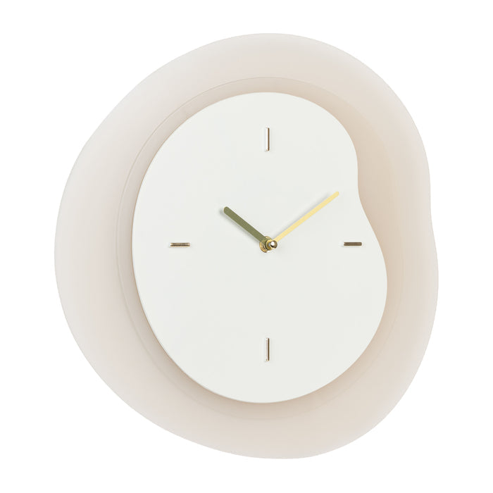 Right-facing image of the 404-3039T 15.2-inch Drift Wall Clock – Tan. The clock features an open face multi-layered design with drifting contours, metal hands, and raised number markings in a brass finish.