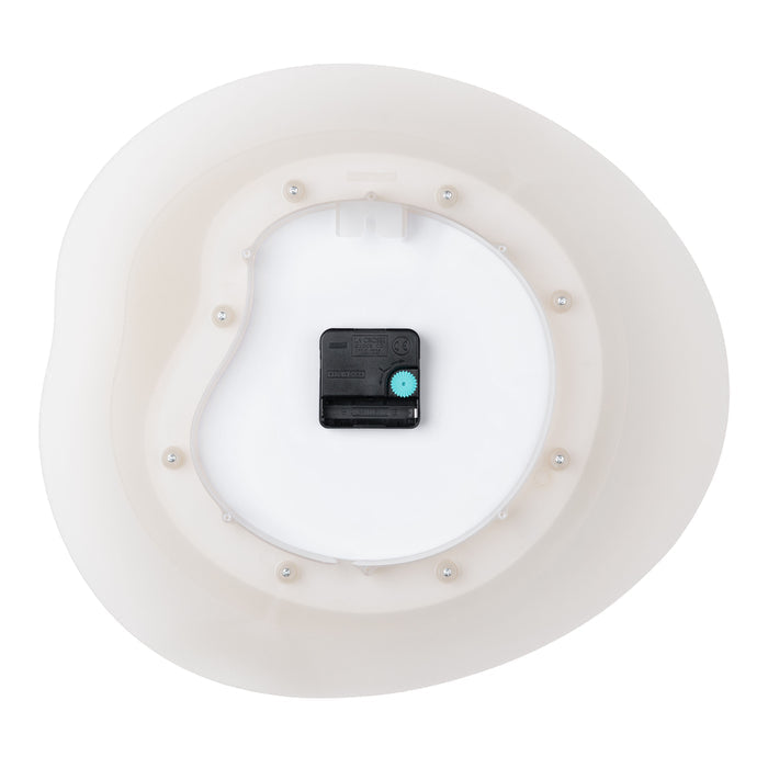 Back image of the 404-3039T 15.2-inch Drift Wall Clock – Tan, showing the battery compartment, the quartz movement, and the hanging hole, highlighting the construction of the multi-layer design.