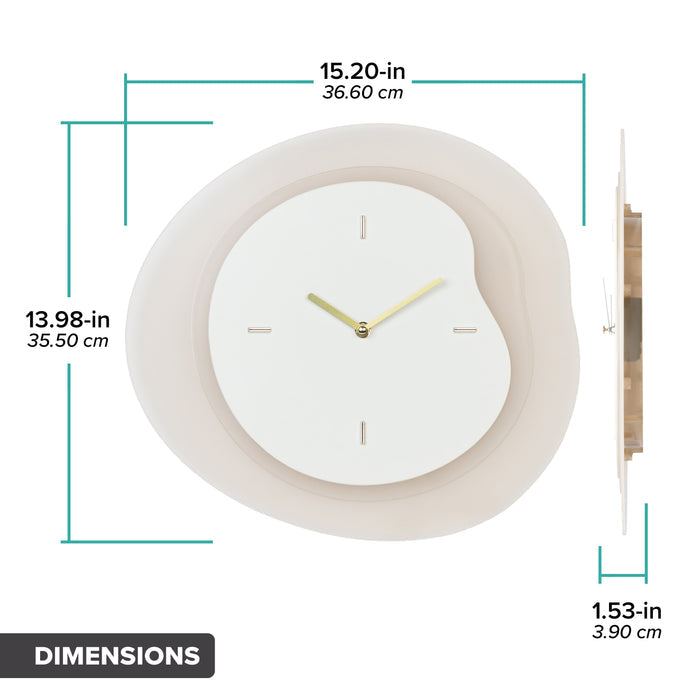 Dimension image in inches and centimeters of the 404-3039T 15.2-inch Drift Wall Clock – Tan, featuring the multi-layer drifting contours of the clock measuring 13.98 in tall and 15.20 in wide at their largest points. The second image is in profile and shows the clock's depth to be 1.53 inches.