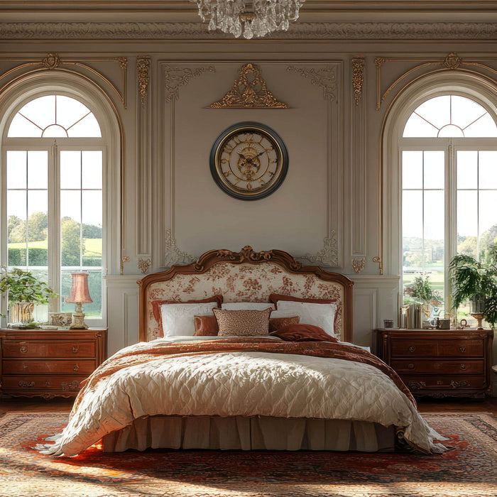 404-3051C 20-inch Gears Wall Clock hanging above a bed in a traditional decor setting of warm tones with wide open windows and white and gold molded detailed walls