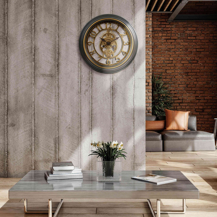 Industrial home or office setting with exposed concrete and brick walls with the 404-3051C 20-inch Gears wall clock hanging on the wall
